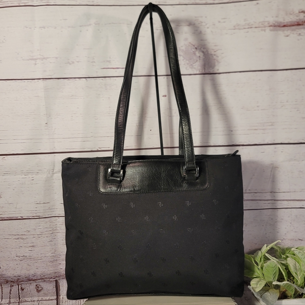 Lauren-Ralph Lauren Monogram Jacquard Canvas/Leather Tote Shoulder Bag Top Zip